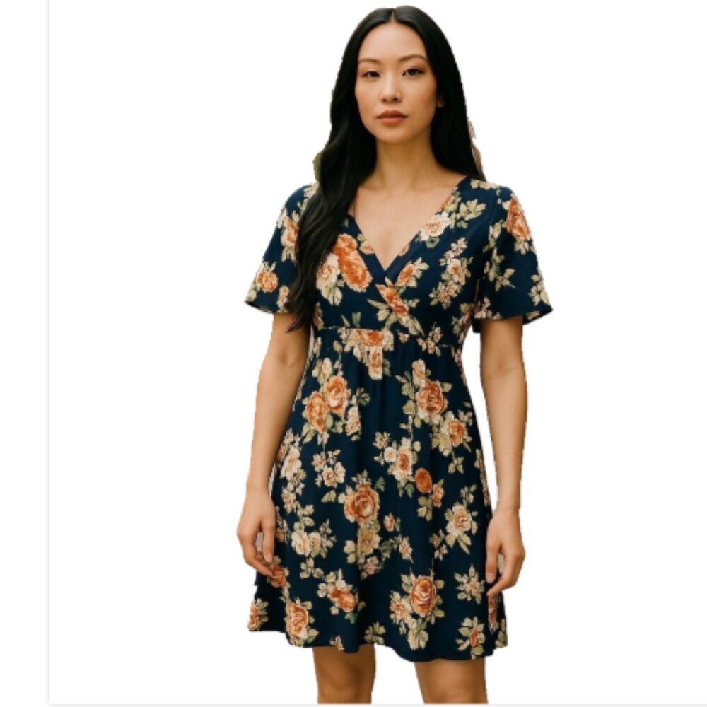 Navy Floral Print Dress Size 1XL V-Neck Elastic Waist Faux Wrap Flutter Sleeves